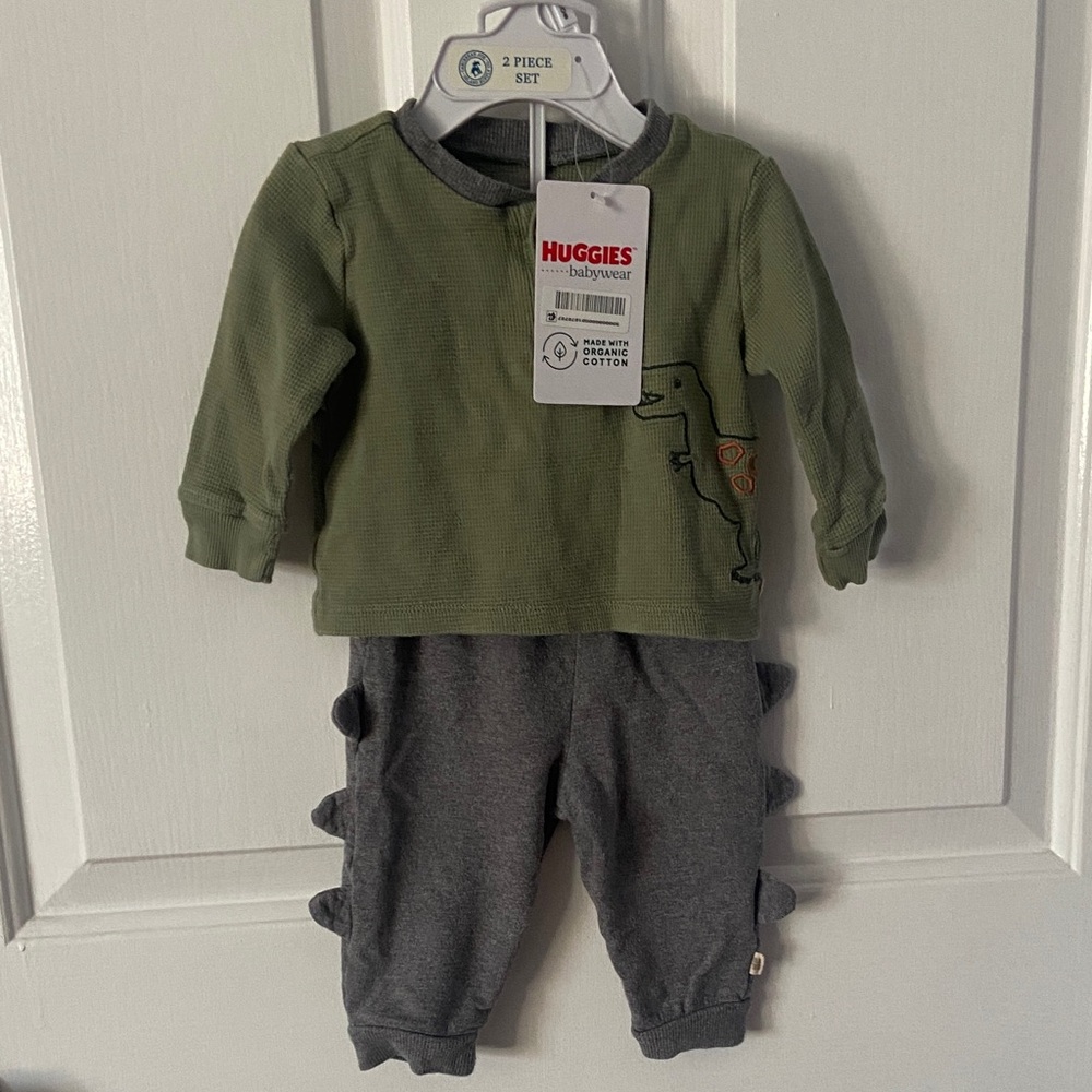 Huggies Baby Dinosaur Outfit | Green & Gray Matching Set | Size 6M |
